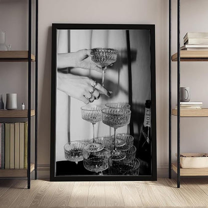 Champagne Glasses Wall , Black And White Art, Wine Glasses Poster, Bar Cart , Cocktail, Retro Photography, Bar Wall Decor Canvas Poster Bedroom Decor Sports Landscape Office Room Decor Gift Black Fram