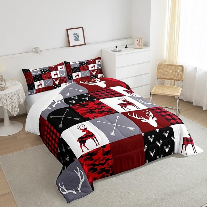 Boys Deer Antlers Silhouettes Comforter Set King Size,Geometric Plaids Patchwork Bedding Set 3pcs for Kids Teens Adults Girls Home Decor,Red Camouflage Christmas Xmas Down Comforter,Rustic Farmhouse