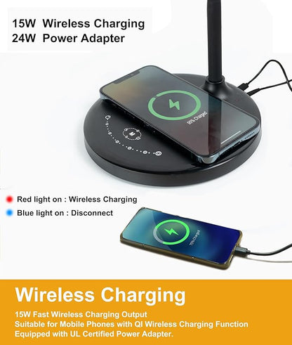 Desk Lamp with Wireless Charger, 12W 1000LM Touch Dimmable Reading Lamp with USB Charging Port, 5 Colors 6 Brightness Eye Care Bedside Table Lamp Gooseneck Desk Light for Home Office