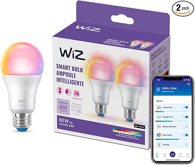 WiZ Connected 60W A19 LED Smart Light Bulbs - Connects to Your Wi-Fi - E26 Smart Bulb - Control with Voice or App + Activate with Motion - Matter Compatible - 2 Pack