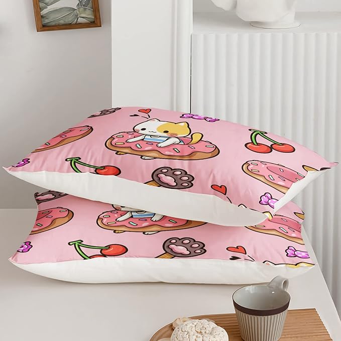 Kawaii Cat Comforter Twin Size,Doughnut Cherry Cat Comforter Set for Kids Teens Girls,3Pcs Bedding Set Printed Comforter with 2 Pillowcases,Soft and Lightweight(Pink，Twin Size)