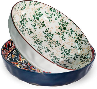 75 Oz Serving Bowls,2 Pack Bohemian Style Large Porcelain Dishes for Entertaining Parties,Big Bowls for Eating Soup, Salad, Pasta, Fruit, Chips, 10.3 Inch Diameter (blue Beige)
