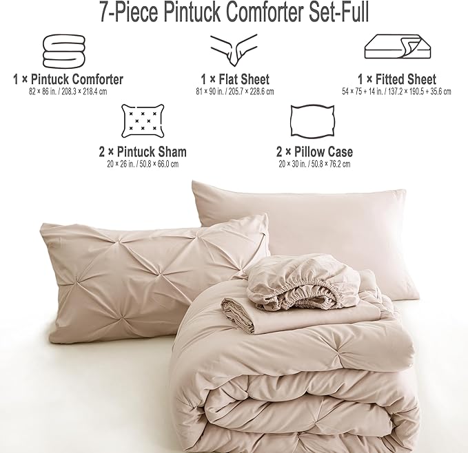 Ubauba 7pc Beige Comforter Set Full Size, 7 Piece Pintuck Bed in a Bag Ivory with Comforters and Sheets, Off White Pinched Pleat Bedding Comforters & Sets (Cream, Full)