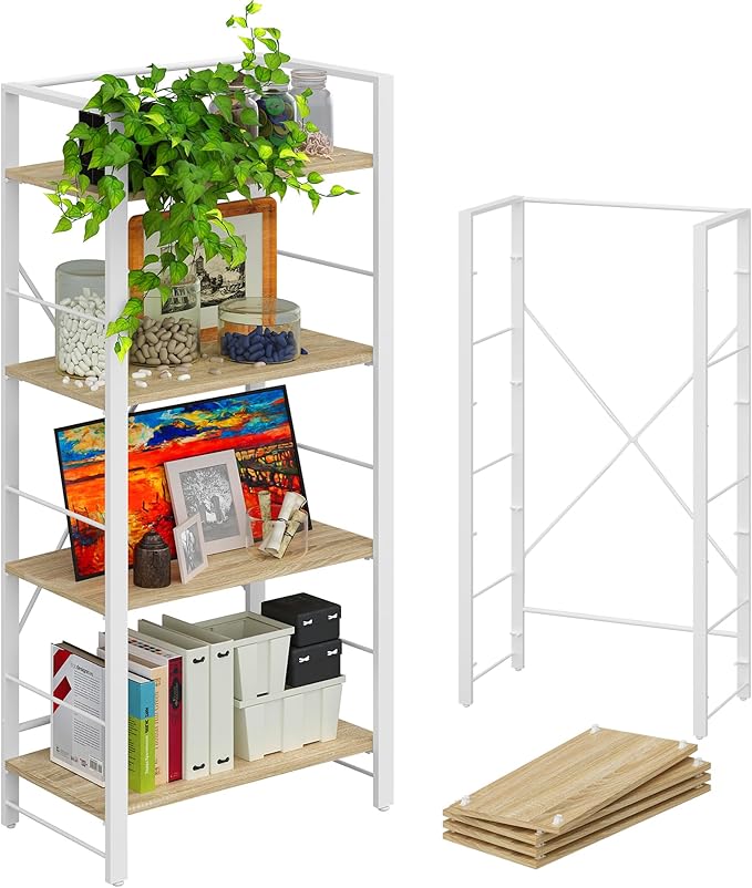 4NM Bookshelf 4 Tier Industrial Bookcase Home Office Adjustable Bookshelves Storage Shelves Organizer Vintage Book Shelf Display Rack for Living Room, Bedroom,Home - Natural