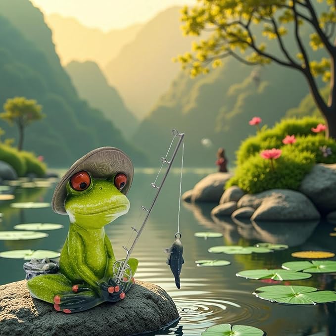 Frog Fishing Decor, Summer Garden Statues, Ocean Beach Decorations, Home Bookshelf Desktop Statues Shelves Bathroom Decorative Ornaments Gift (Frog Fishing)