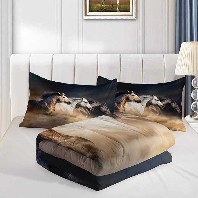 Horse Comforter King Size,Galloping Horse Comforter Set for Kids Teens Girls Boys,3Pcs Bedding Set Printed Comforter with 2 Pillowcases,Soft and Lightweight，King Size