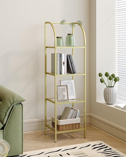 Bookcase Bookshelf, Tempered Glass Arched Bookshelf for More Storage, Slim Shelving Unit for Bedroom, Bathroom, Home Office, Steel Frame, 4 Tier Gold BC20499G