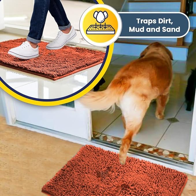 Muddy Mat® Shown on TV – Super Absorbent Microfiber Dog Door Mat for Muddy Paws, Non-Slip Washable Pet Rug, Quick Dry Chenille Entryway Carpet, Machine Washable Indoor Outdoor mat, Orange 59"x24"