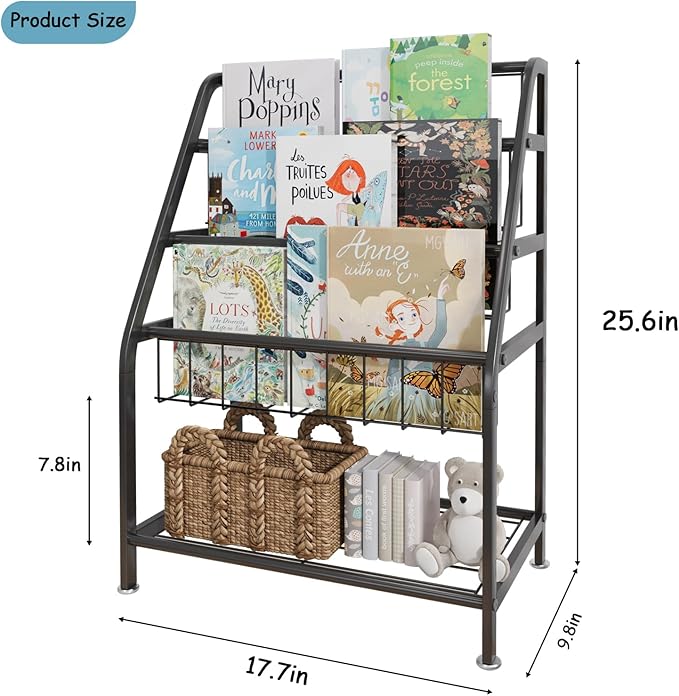 Kids Bookshelf Freestanding for Children Room 18 Inches Black Metal Bookcase Large Capacity Books Toys Organizer Stable 5 Tiers Kids Book Rack for Playroom Bookstore Library.