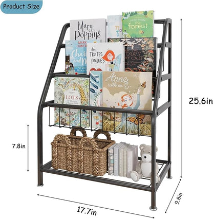 Kids Bookshelf Freestanding for Children Room 18 Inches Black Metal Bookcase Large Capacity Books Toys Organizer Stable 5 Tiers Kids Book Rack for Playroom Bookstore Library.