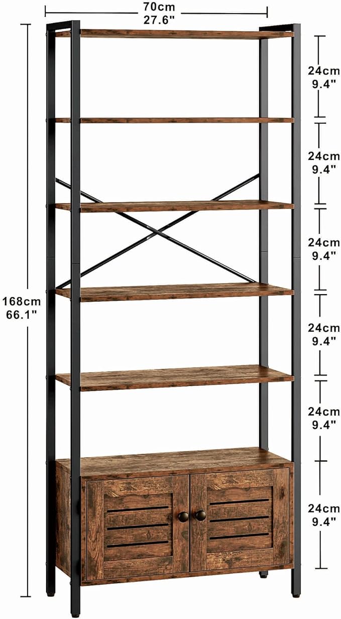 IRONCK Bookshelf and Bookcase with 2 Doors and 5 Shelves, 27.6" W Standing Storage Cabinet for Living Room, Home Office, Bedroom, Washroom, Vintage Brown
