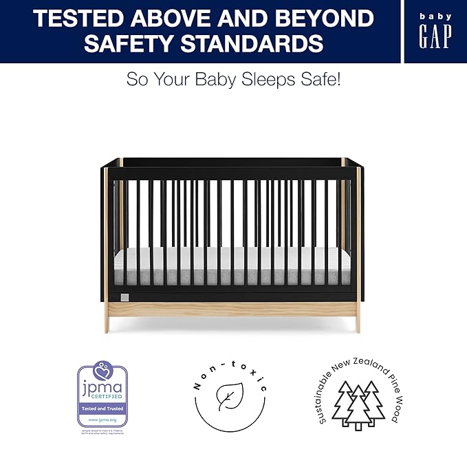 babyGap by Delta Children Tate 4-in-1 Convertible Crib TrueSleep Crib and Toddler Mattress (Bundle), Ebony/Natural