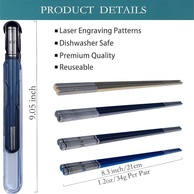 Metal Chopsticks Reusable,Stainless Steel,Titanium Plated,Black Phoenix 1PC | Portable Chop Stick with Case,Good for Beginners,Non-slip,Lightweight,Good for travel,snack,Chinese, Korean,Japanese Cuisines