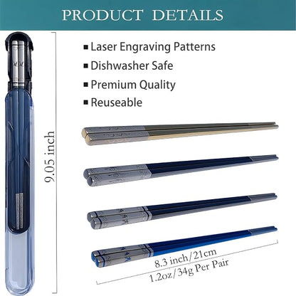 Travel Chopsticks with Case, Black Blue Eagle, 2 Pairs | Metal Stainless Steel, Titanium Plated, Reusable & Dishwasher Safe, For School, Home, Office, Outdoor, Bento Box Use