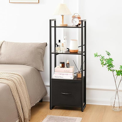 Yoobure Bookshelf, 4 Tier Book Shelf with Drawer, Small Bookcase Narrow Book Case, Industrial Bookshelves Shelf for Bedroom Living Room Office, Book Storage Organizer for CD/Movie Black
