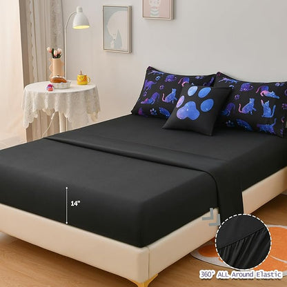 DORCAS Full Size Comforter Sets with Sheets for Girls Kids Cute Cat Full Size Bedding Sets 6 Pieces Bed-in-A-Bag for Girls Teens Kids