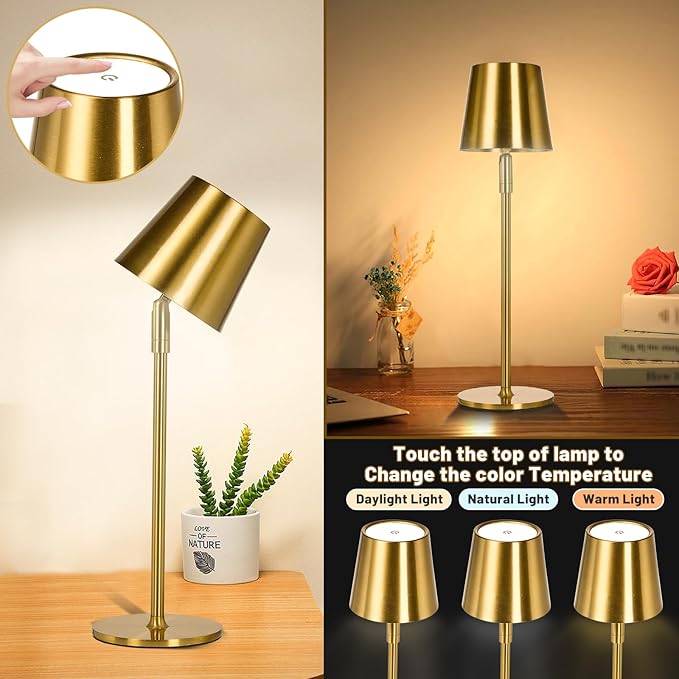 Cordless Table Lamp,Portable LED Desk Lamp, Battery Operated, 3 Color Stepless Dimming Up, for Restaurant/Bedroom/Bars/Outdoor Party/Camping/Coffee Shop Night Light。 (Gold)
