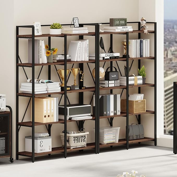 BON AUGURE Industrial Bookshelves and Bookcases, Farmhouse Large Book Shelves, 5 Tier Heavy Duty Open Bookcase, Tall Wood Metal Shelving Unit for Living Room, Bedroom, Office (Rustic Oak)
