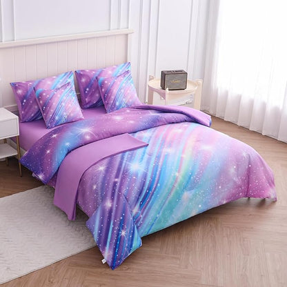 Twin Comforter Set for Girls Galaxy Bedding 7pieces, Ombre Bedding Comforter Sets Rainbow Comforter, Glitter Bedding Twin Teen Comforter Sets for Girls (Twill Rainbow)