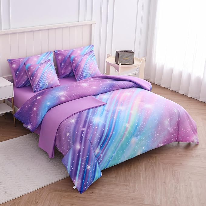 Full Size Bedding Sets Kids Bedding Sets for Girls,Galaxy Bedding 7pieces Glitter Pink Comforter Colorful Comforter Full Size Comforter Sets for Teen Girls(Twill Rainbow)