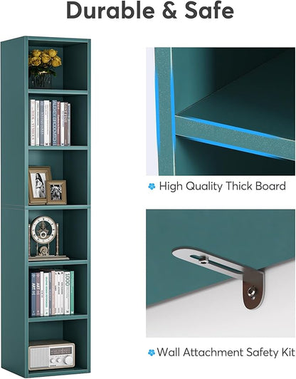 70.9 Inch Tall Narrow Bookcase, Corner Bookshelf 6 Tier Cube Display Shelf Storage Organizer for Small Space, Blue