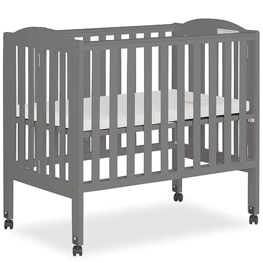 2-in-1 Portable Folding Stationary Side Crib in Storm Grey, Greenguard Gold Certified, Two Adjustable Mattress Height Positions,Made of Solid Pinewood, Flat Folding Crib