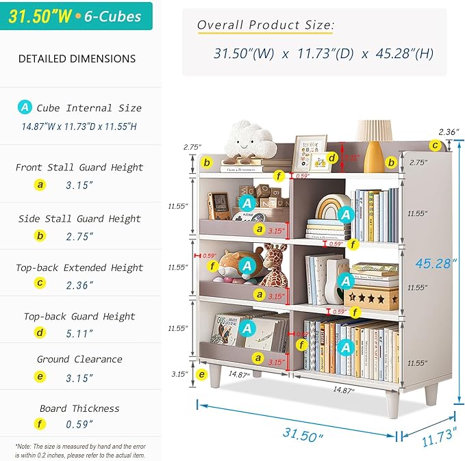 Wooden Cube Bookcase with Legs - 3-Tier Open Shelf Kidsroom Sorted Storage Cabinet Organizer for Books and Toys, 6-Cube Lattice Cute Cubby Bookshelf in White Mixed Mocha Brown, 32" W