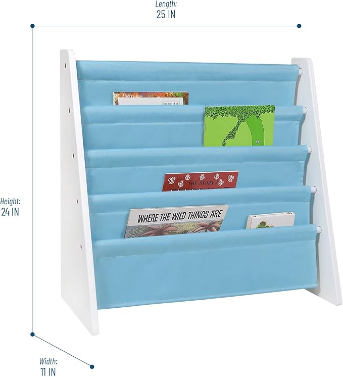 Wildkin Kids Canvas Sling Bookshelf for Boys and Girls, Wooden Design Features Four Fabric Shelves, Keep Bedrooms, Playrooms, and Classrooms Organized, an Ideal Kids Bookshelf (White w/Aqua)