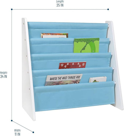 Wildkin Kids Canvas Sling Bookshelf for Boys and Girls, Wooden Design Features Four Fabric Shelves, Keep Bedrooms, Playrooms, and Classrooms Organized, an Ideal Kids Bookshelf (White w/Aqua)