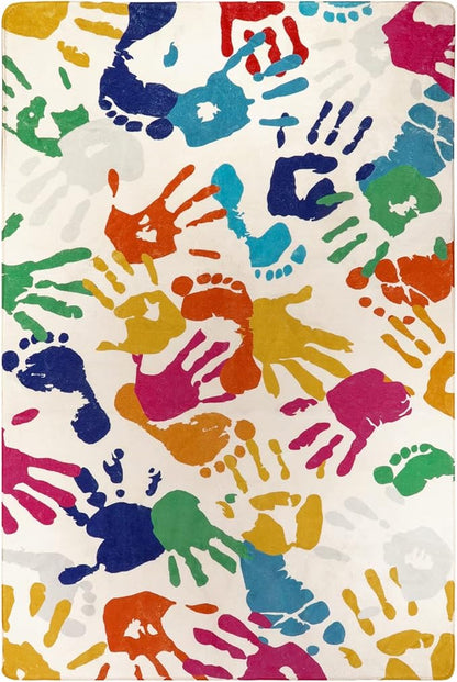 Handprints and Footprints Kids Rug for Playroom, 3'x5' Washable Colorful Nursery Rug for Boys and Girls Room, Ultra Soft Non-Slip Carpet Indoor Mat for Classroom Bedroom