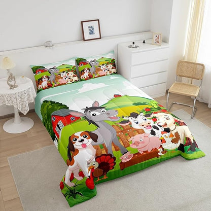 Cute Farm Animals Bedding Set Kids Cartoon Pig Dog Cow Horse Comforter Set for Boys Girls Teens Nature Country Style Comforter Farmhouse Rustic Duvet Set Colorful Bedroom Decor Quilt Set Twin Size