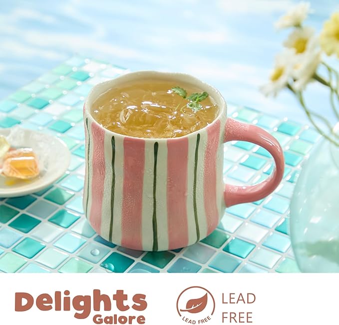 Striped Ceramic Coffee Mugs Set - 2 Pack, Pink & Green，Perfect for Morning Brew or Tea and Cocoa - for Coffee Lovers