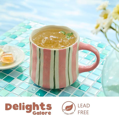 Striped Ceramic Coffee Mugs Set - 2 Pack, Pink & Green，Perfect for Morning Brew or Tea and Cocoa - for Coffee Lovers