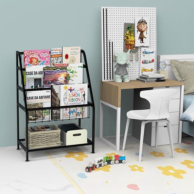 Kids Bookshelf Freestanding for Children Room 18 Inches Black Metal Bookcase Large Capacity Books Toys Organizer Stable 5 Tiers Kids Book Rack for Playroom Bookstore Library.