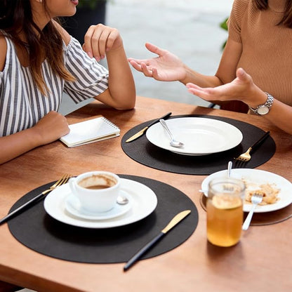 MOSAYT 13 Inch Round Vinyl Placemats Set of 4 - Faux Leather 100% Waterproof Oil-Proof Wipeable PU Place Mats, Heat Resistant Reversible Table Mats for Kitchen, Dining, Outdoor, Black