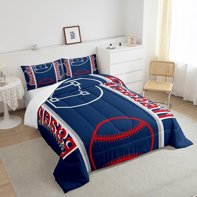 Feelyou Baseball Print Bedding Set Queen Size Sports Game Comforter Set for Kids Boys Girls Decor Baseball Gaming Comforter Microfiber Ball Duvet Set Bedroom Quilt Set