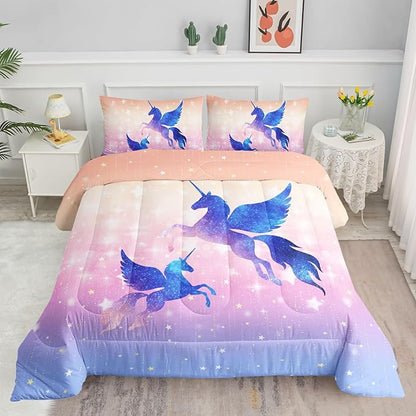 Datura home Bedding Comforter Set Starry Sky Unicorn Printed Pattern Quilt with 1 and 2 Pillowcases for Girls Bedroom All Season(Purple Full) Full 80x90inches