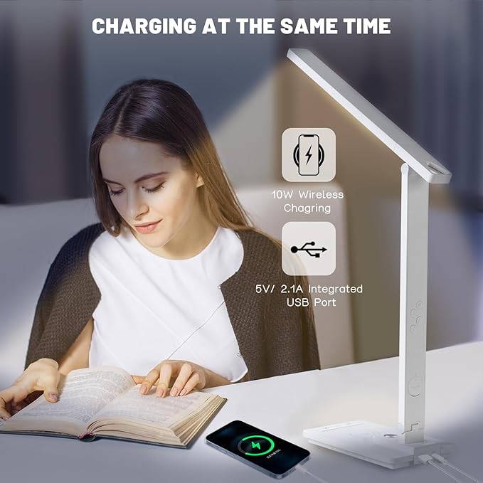Led Desk Lamp with Wireless Charger, White Desk Lamps for Home Office with Clock, Alarm, Date, Temperature | Desk Light with Night Light, 46 Min Auto Timer | Touch Control Smart Lamp for College, Dorm