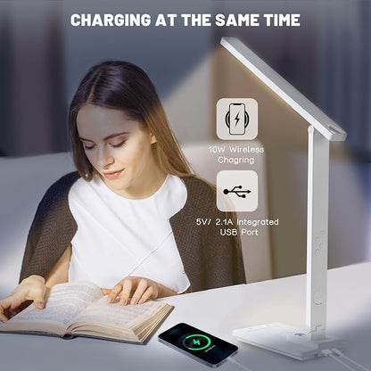 Led Desk Lamp with Wireless Charger, White Desk Lamps for Home Office with Clock, Alarm, Date, Temperature | Desk Light with Night Light, 46 Min Auto Timer | Touch Control Smart Lamp for College, Dorm