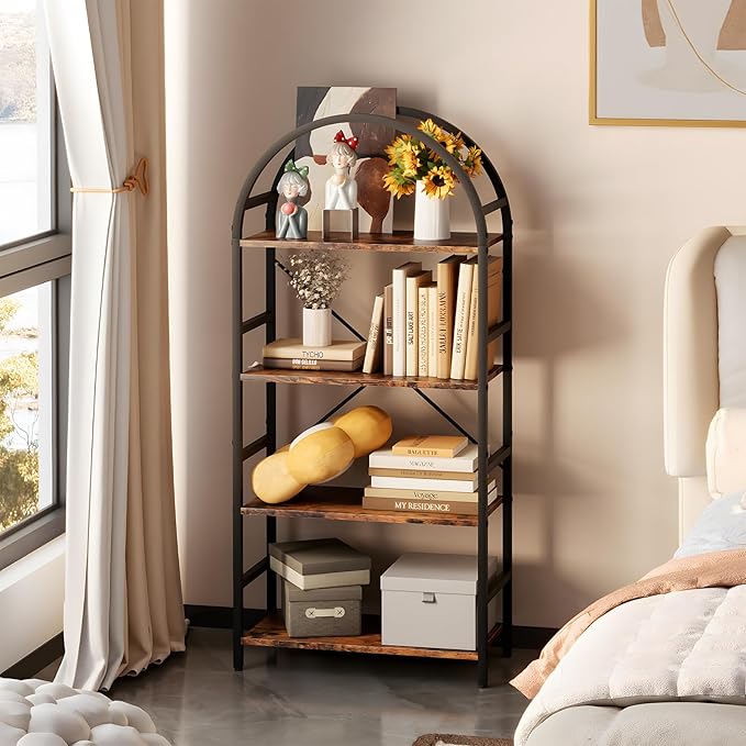 4-Tier Bookshelf, 24 Inch Width Industrial Arched Bookcase, Vintage Storage Rack with Open Shelves, Free Standing Shelf for Home Office, Living Room,Bedroom, Rustic Brown