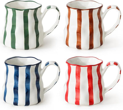 Ceramic Coffee Mugs Set of 4,Cute Mugs (Striped),14 oz Large Cups For Latte Tea Milk，Hand Painted Coffee Mugs Set Dishwasher Microwave Safe
