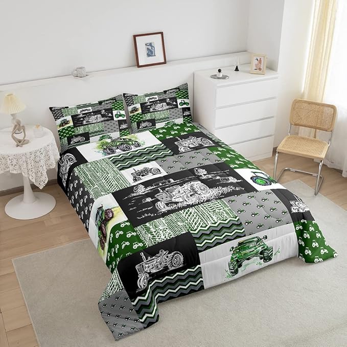 Erosebridal Green Tractor Comforter Set Full Size Farm Vehicle Truck Bedding Set Cartoon Equipment Construction Harvester Down Comforter for Kids Boys Car Bedroom Decor with 2 Pillowcases, Grey