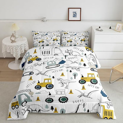Feelyou Construction Comforter Set King Size Kids Cartoon Car Excavator Tractor Toddler Comforter Equipment Trucks Dinosaur Comforter Set Construction Vehicles White Yellow Duvet Set Quilt Set