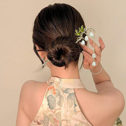 2Packs Lily of the Valley Chinese Hair Sticks for Buns, Pearl Flower Vintage Metal Hair Chopsticks for Women and Girls Dangle Tassel Pendant Hair Accessories Hanfu Handmade Decor Hairpin (white)