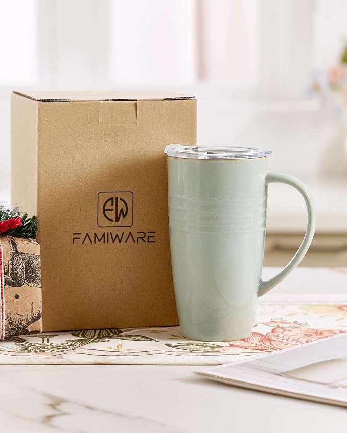 famiware Jupiter Large Coffee Mug, 20oz Coffee Mug with Lid, Ceramic Mugs Set of 4, Cup Set with Handle for Latte, Tea, Cocoa, Milk, Microwave and Dishwasher Safe, Light Blue and Light Green