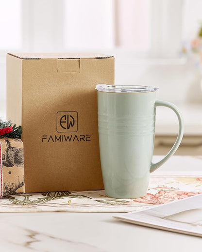famiware Jupiter Large Coffee Mug, 20oz Coffee Mug with Lid, Ceramic Mugs Set of 4, Cup Set with Handle for Latte, Tea, Cocoa, Milk, Microwave and Dishwasher Safe, Light Blue and Light Green