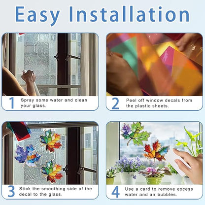 14pcs Window Decals for Bird Strikes, Anti Collision Window Clings, Rainbow Reflection Window Sticker, Maple Leaf Style Sun Catcher Stickers for Glass Windows