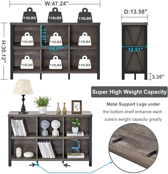 FATORRI Rustic 6 Cube Storage Organizer with Shelf, Wood and Metal Cubby Bookcase, Industrial Horizontal Bookshelf (Walnut Brown, 47 Inch)