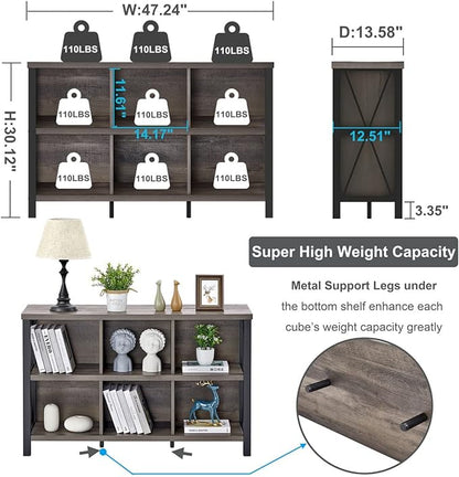 FATORRI Rustic 6 Cube Storage Organizer with Shelf, Wood and Metal Cubby Bookcase, Industrial Horizontal Bookshelf (Walnut Brown, 47 Inch)