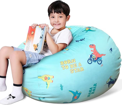 Lukeight Stuffed Animal Storage Bean Bag Chair Cover for Kids, Dinosaur Zipper Beanbag Chair Cover for Organizing Toddler & Kids' Rooms Plush Toys (Dino Blue, X-Large)